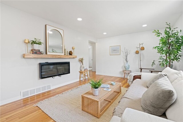 127 Greenview Dr, Penn Hills, PA 15147 - living room featuring a glass covered fireplace, wood finished floors, recessed lighting, and baseboards