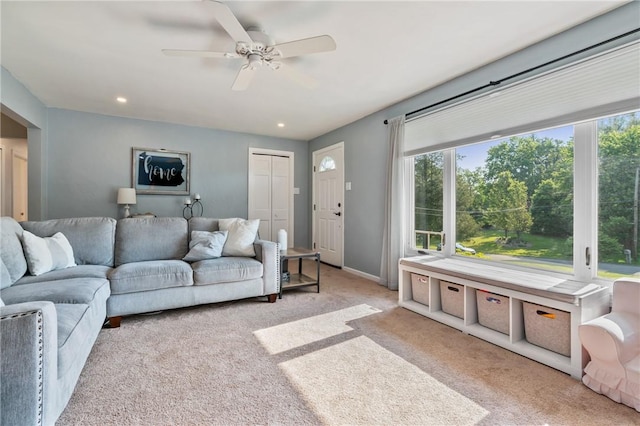 208 Chan Mowr Dr, Middlesex Twp, PA 16059 - carpeted living room featuring healthy amount of natural light, ceiling fan, recessed lighting, and baseboards