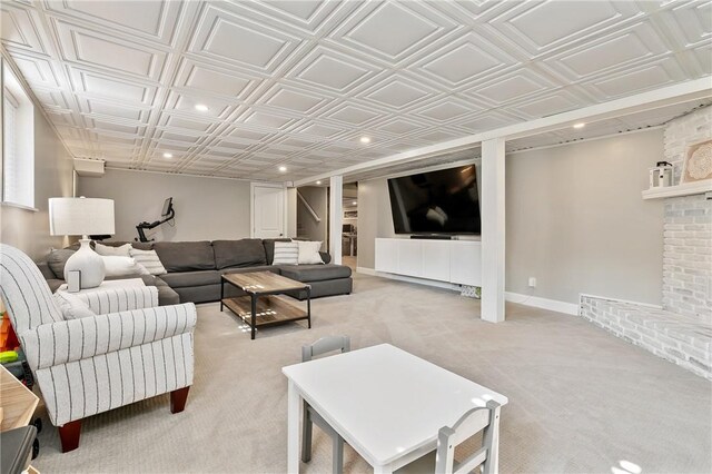 208 Chan Mowr Dr, Middlesex Twp, PA 16059 - living room featuring light colored carpet, an ornate ceiling, recessed lighting, baseboards, and a fireplace