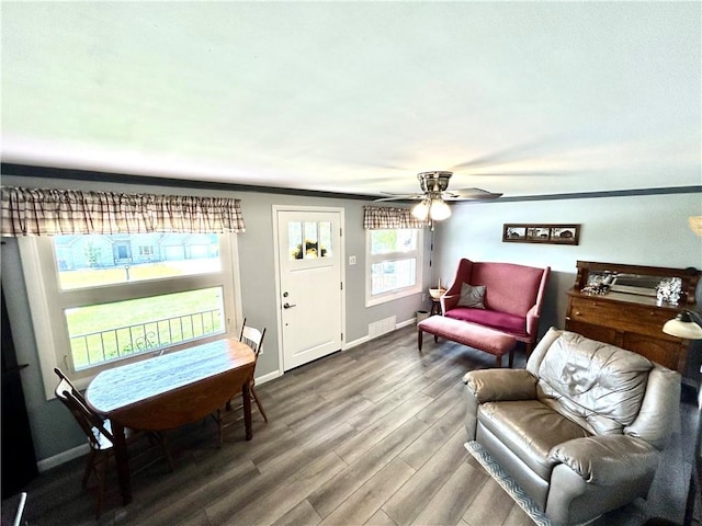 206 Richards Dr, Derry Twp, PA 15650 - living area with wood finished floors, a ceiling fan, and baseboards