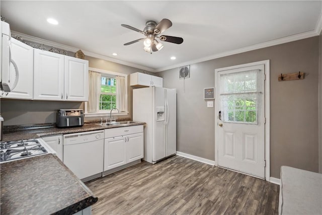 801 4th St N, Versailles, PA 15137 - kitchen with white appliances, crown molding, ceiling fan, white cabinetry, and recessed lighting