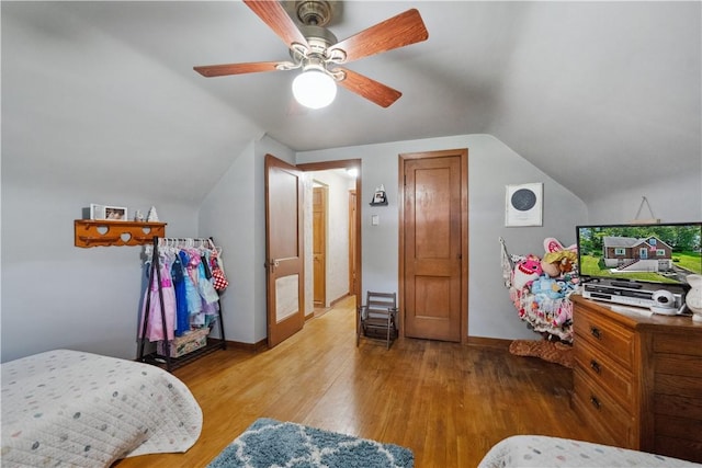 801 4th St N, Versailles, PA 15137 - bedroom featuring vaulted ceiling, wood finished floors, baseboards, and ceiling fan
