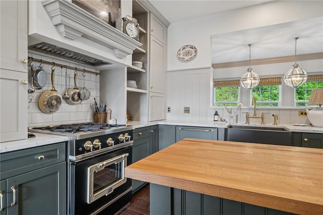 108 Berkshire Ct, Ohio Twp, PA 15237 - kitchen with range with gas stovetop, open shelves, a sink, wall chimney range hood, and wood counters