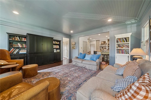 108 Berkshire Ct, Ohio Twp, PA 15237 - living room with ornamental molding, wood finished floors, built in shelves, and recessed lighting