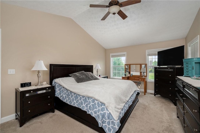 565 Tara Ct, Saxonburg Boro, PA 16056 - bedroom with lofted ceiling, light carpet, baseboards, a textured ceiling, and ceiling fan