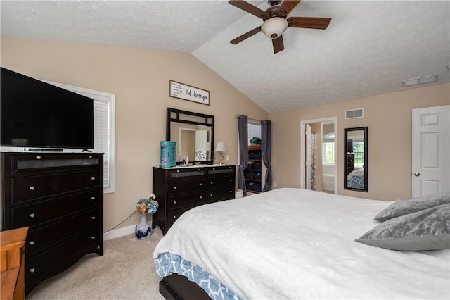 565 Tara Ct, Saxonburg Boro, PA 16056 - bedroom with lofted ceiling, light carpet, baseboards, a textured ceiling, and ceiling fan