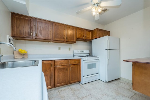 102 Jordan St, Bethel Park, PA 15102 - kitchen with white appliances, a sink, ceiling fan, light countertops, and brown cabinetry