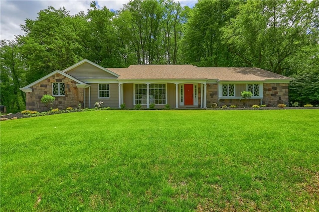 9 Victoria Dr, Neshannock Twp, PA 16105 - ranch-style home with stone siding, covered porch, and a front yard