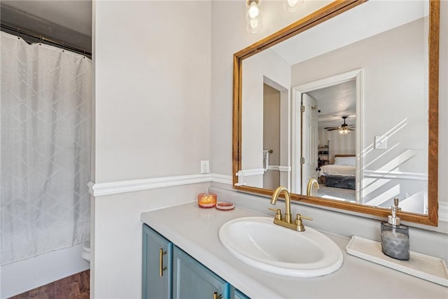 536 Cherryhill Dr, Cecil, PA 15017 - bathroom featuring vanity, ensuite bath, toilet, wood finished floors, and ceiling fan