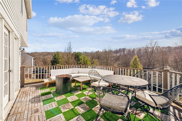 536 Cherryhill Dr, Cecil, PA 15017 - wooden terrace with a forest view, a fire pit, and outdoor dining space