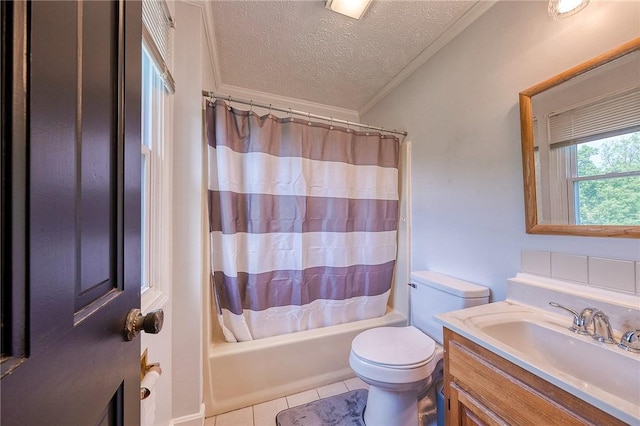 4822 W State St, Mahoning Twp Law, PA 16116 - full bathroom with toilet, vanity, a textured ceiling, tile patterned flooring, and shower / tub combo with curtain