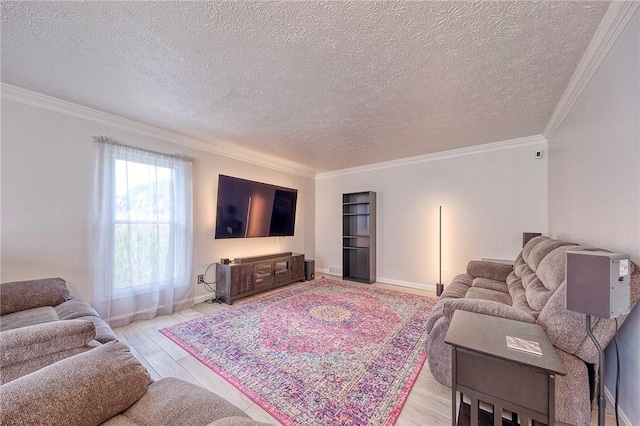 4822 W State St, Mahoning Twp Law, PA 16116 - living area featuring ornamental molding, a textured ceiling, baseboards, and wood finished floors