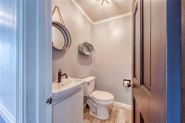 4822 W State St, Mahoning Twp Law, PA 16116 - half bathroom with ornamental molding, a textured ceiling, wood finished floors, toilet, and vanity