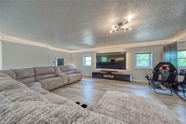 4822 W State St, Mahoning Twp Law, PA 16116 - living area with a textured ceiling, crown molding, hardwood / wood-style floors, a chandelier, and baseboards