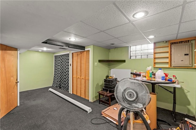 582 Brinwood Ave, Baldwin Boro, PA 15227 - basement featuring electric panel, carpet, a paneled ceiling, and recessed lighting