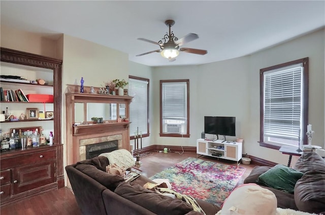 21 S Harrison Ave, Bellevue, PA 15202 - living room with a ceiling fan, a premium fireplace, cooling unit, wood finished floors, and baseboards