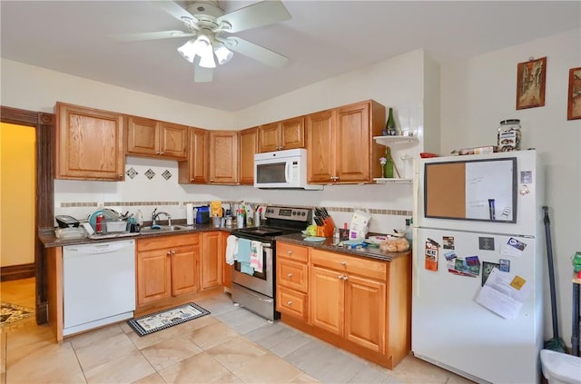 21 S Harrison Ave, Bellevue, PA 15202 - kitchen featuring white appliances, a sink, dark countertops, and ceiling fan