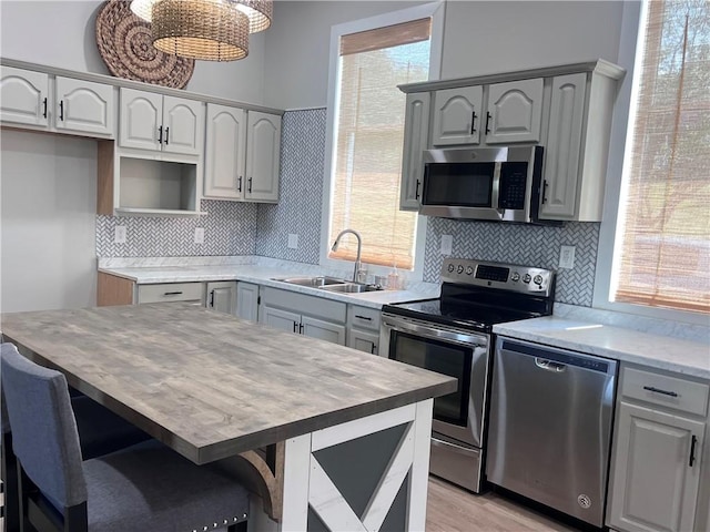 254 Bicker Rd, Winfield Twp, PA 16023 - kitchen featuring stainless steel appliances, a sink, gray cabinetry, and backsplash