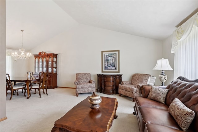 100 Welty Dr, Allegheny Twp Wml, PA 15068 - living area featuring a chandelier, light carpet, vaulted ceiling, and baseboards