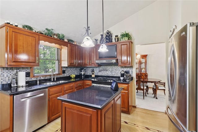 100 Welty Dr, Allegheny Twp Wml, PA 15068 - kitchen with stainless steel appliances, under cabinet range hood, high vaulted ceiling, a sink, and light wood-type flooring