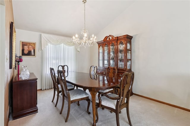 100 Welty Dr, Allegheny Twp Wml, PA 15068 - dining space featuring a chandelier, vaulted ceiling, light colored carpet, and baseboards