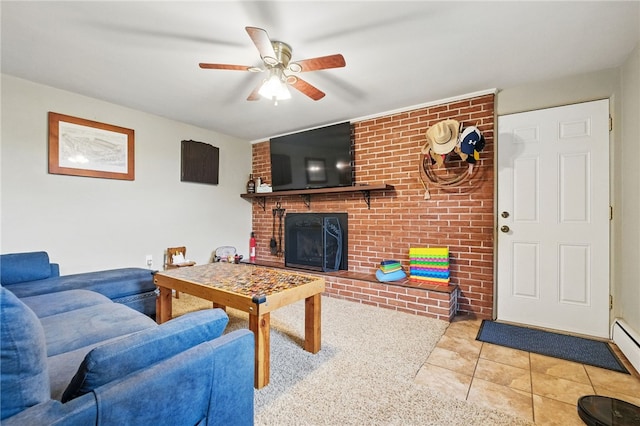 240 Patton Dr, Moon/Crescent Twp, PA 15108 - living room with a brick fireplace, a ceiling fan, and tile patterned floors