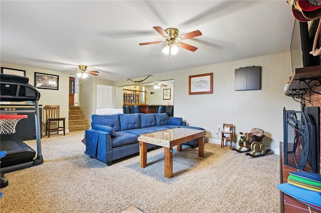 240 Patton Dr, Moon/Crescent Twp, PA 15108 - living room with carpet flooring, stairway, a dry bar, and a ceiling fan