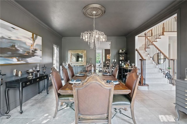623 Oswego Dr, Adams Twp, PA 15044 - dining area featuring stairs, a chandelier, crown molding, and light tile patterned floors
