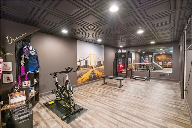 623 Oswego Dr, Adams Twp, PA 15044 - workout room featuring baseboards, recessed lighting, wood finished floors, and an ornate ceiling