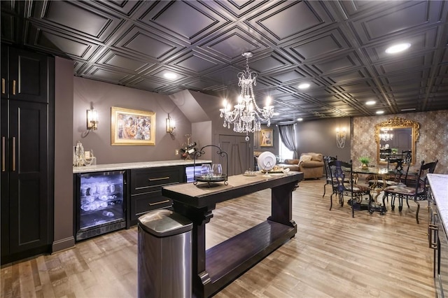 623 Oswego Dr, Adams Twp, PA 15044 - indoor dry bar with beverage cooler, an ornate ceiling, light wood finished floors, a chandelier, and recessed lighting