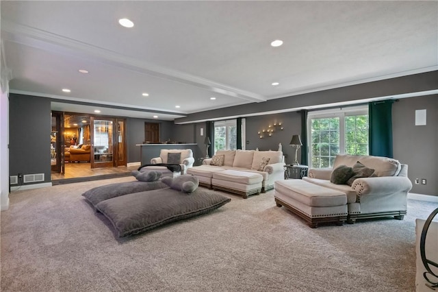 623 Oswego Dr, Adams Twp, PA 15044 - living area with carpet floors, recessed lighting, crown molding, baseboards, and beam ceiling