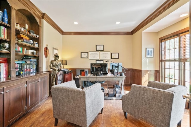 623 Oswego Dr, Adams Twp, PA 15044 - office featuring wainscoting, crown molding, light wood-type flooring, and recessed lighting