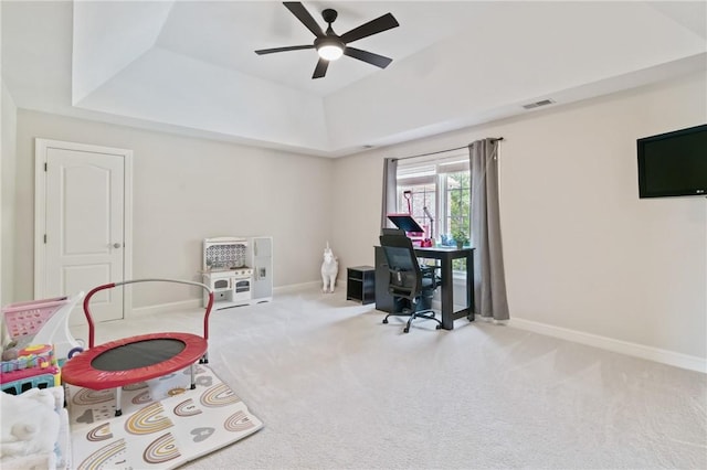 623 Oswego Dr, Adams Twp, PA 15044 - playroom featuring a tray ceiling, a ceiling fan, carpet, baseboards, and an office area