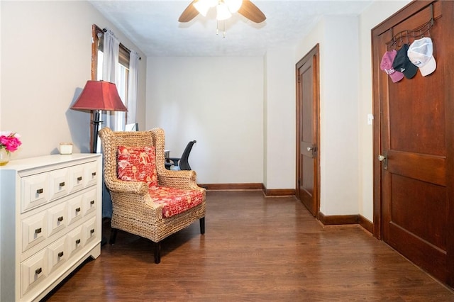 710 Beaver St, Leetsdale, PA 15056 - living area with dark wood finished floors, a ceiling fan, and baseboards