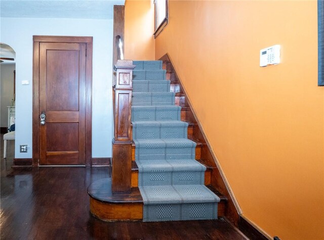 710 Beaver St, Leetsdale, PA 15056 - stairway with wood finished floors, arched walkways, and baseboards