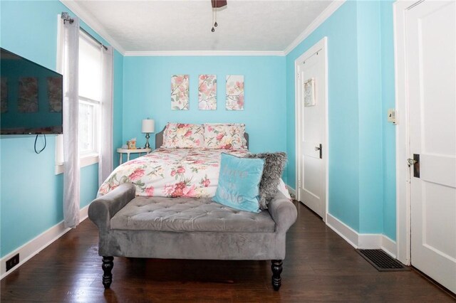710 Beaver St, Leetsdale, PA 15056 - bedroom featuring baseboards, ornamental molding, wood finished floors, and a ceiling fan