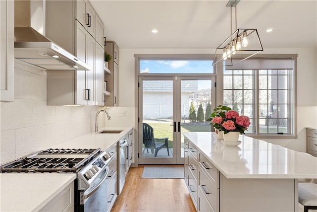 626 Suismon St, East Allegheny, PA 15212 - kitchen with wall chimney exhaust hood, appliances with stainless steel finishes, a sink, light wood-style floors, and french doors