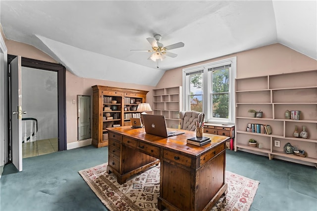 222 Marshall Ave, Observatory Hill, PA 15214 - home office featuring lofted ceiling, a ceiling fan, carpet floors, and built in shelves