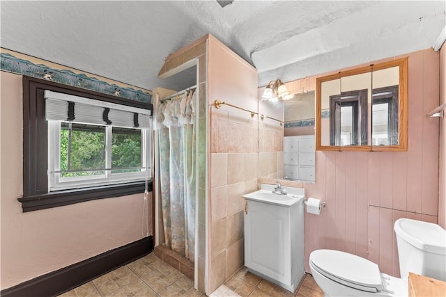 222 Marshall Ave, Observatory Hill, PA 15214 - bathroom with toilet, vanity, a textured ceiling, curtained shower, and tile patterned flooring