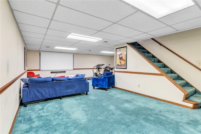 106 Shawnee Dr, Center Twp But, PA 16001 - living area featuring carpet floors, stairway, a paneled ceiling, and baseboards