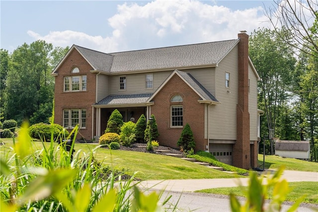 215 Warren Rd, Marshall, PA 15086 - view of front of house featuring a garage, brick siding, a front yard, a chimney, and driveway