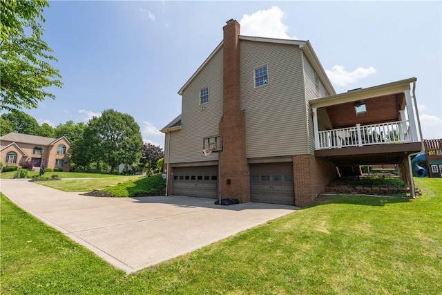 215 Warren Rd, Marshall, PA 15086 - rear view of house featuring a garage, a yard, a chimney, driveway, and brick siding