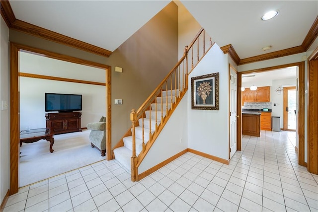 215 Warren Rd, Marshall, PA 15086 - stairway featuring crown molding, tile patterned flooring, carpet flooring, baseboards, and recessed lighting