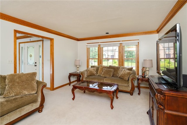 215 Warren Rd, Marshall, PA 15086 - living room with ornamental molding, baseboards, and light colored carpet