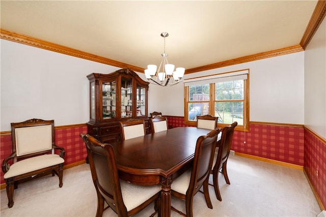 215 Warren Rd, Marshall, PA 15086 - dining room featuring a chandelier, wainscoting, wallpapered walls, ornamental molding, and light colored carpet