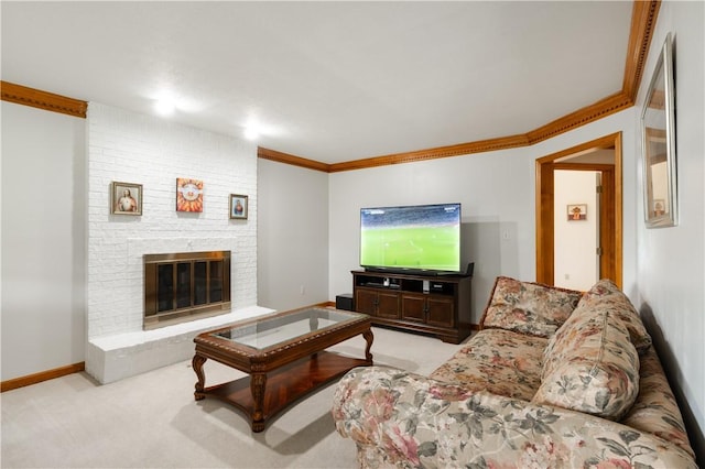 215 Warren Rd, Marshall, PA 15086 - living area with light carpet, a brick fireplace, and crown molding