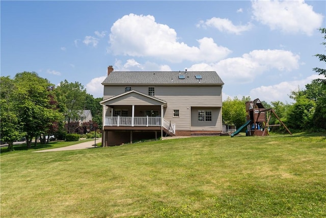 215 Warren Rd, Marshall, PA 15086 - rear view of house featuring a playground, a chimney, a yard, a wooden deck, and stairs