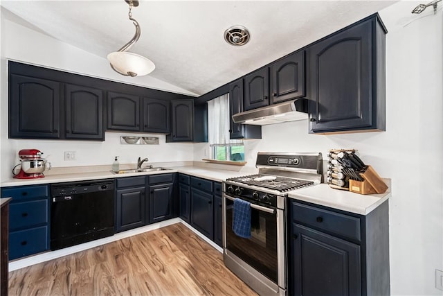 102 Castle Hill Rd, Monroeville, PA 15146 - kitchen featuring dishwasher, range with gas cooktop, under cabinet range hood, a sink, and lofted ceiling