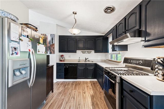 102 Castle Hill Rd, Monroeville, PA 15146 - kitchen with appliances with stainless steel finishes, range hood, lofted ceiling, light wood-style floors, and light countertops