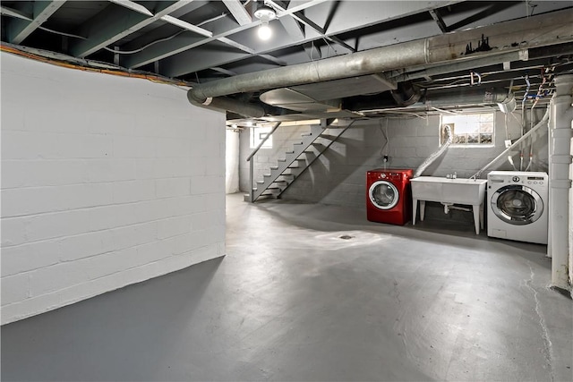 4649 Rolling Hills Rd, Whitehall, PA 15236 - basement featuring a sink, stairway, and washing machine and clothes dryer